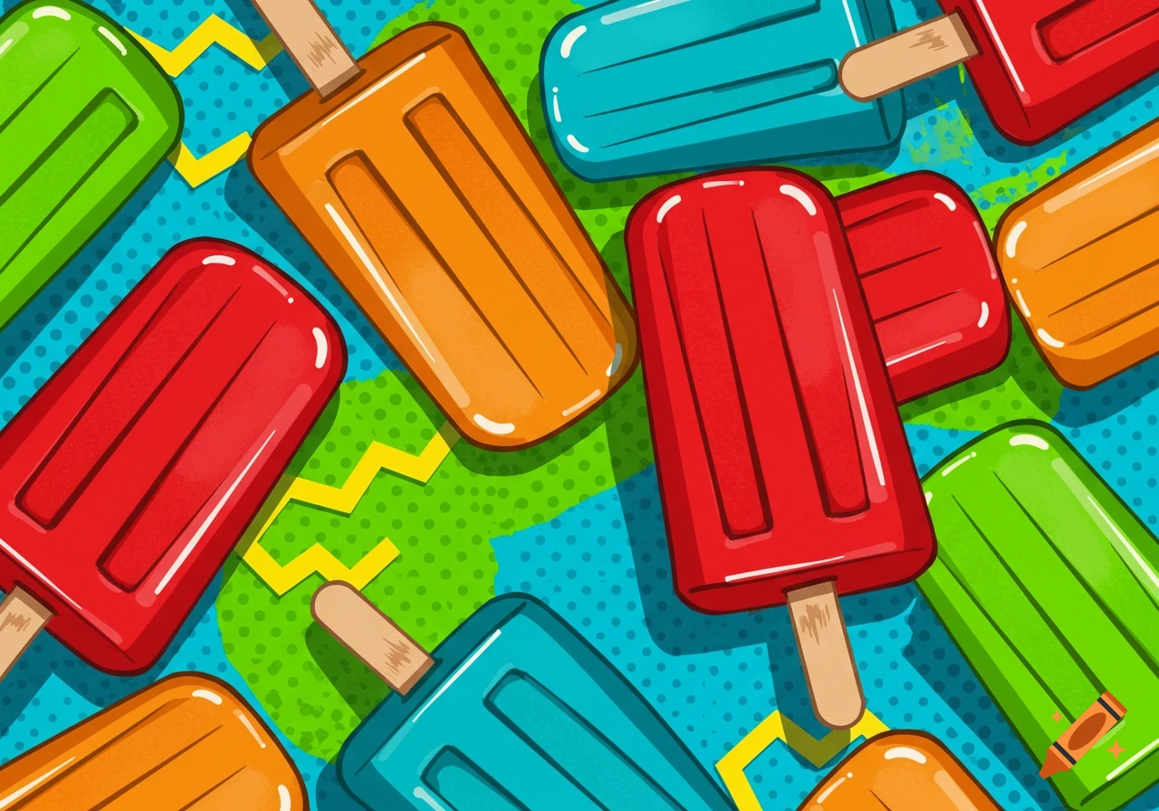 Vibrant pop art illustration of colorful popsicles in red, orange, green, and blue on a patterned background.