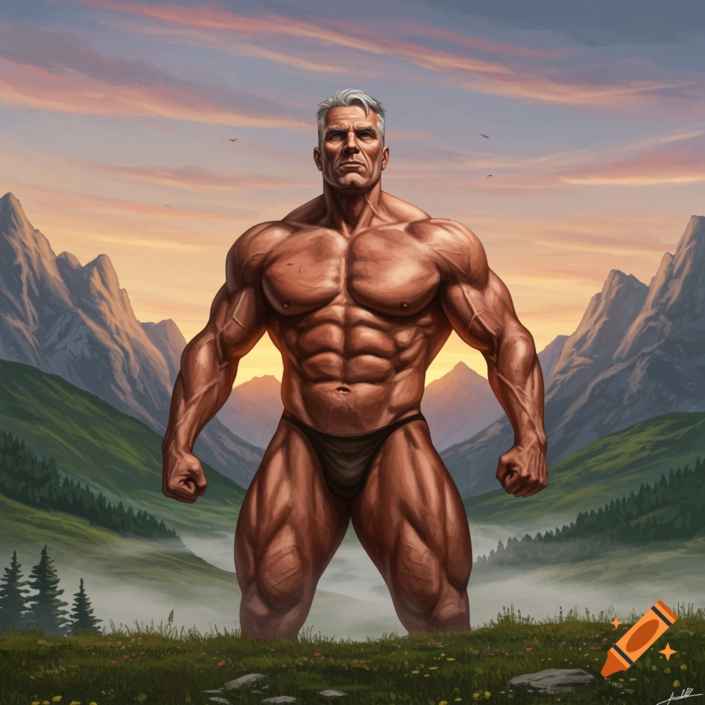 A highly muscular man with gray hair in a posing brief stands confidently in a mountainous landscape at sunset, in an artistic style.