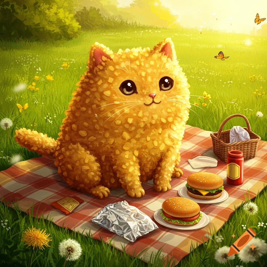 A cute, fluffy orange cat made of tater tots sits on a red plaid picnic blanket with burgers in a sunny green field.