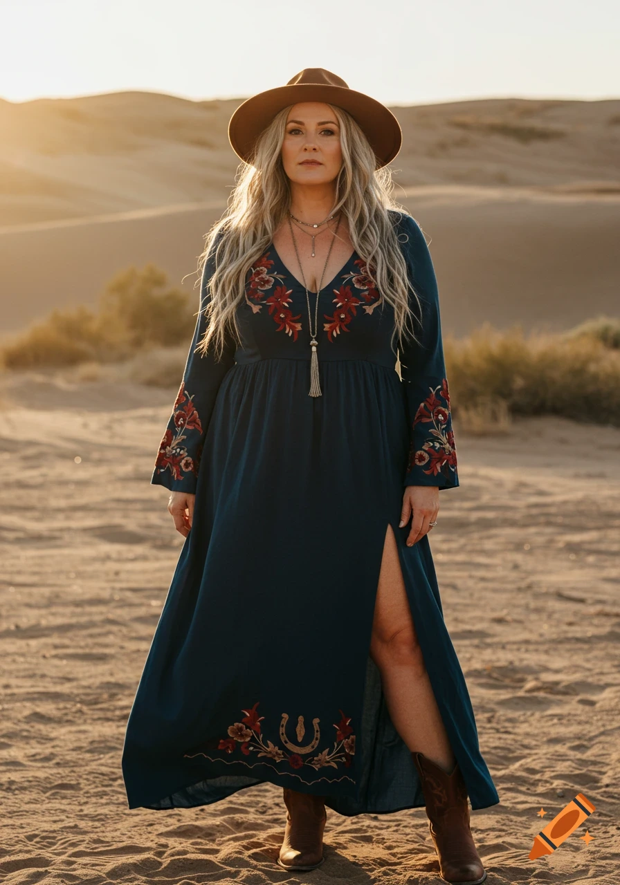 A stylish woman in a dark teal maxi dress with floral and horseshoe embroidery, brown cowboy hat, and boots stands confidently in a desert landscape at golden hour.