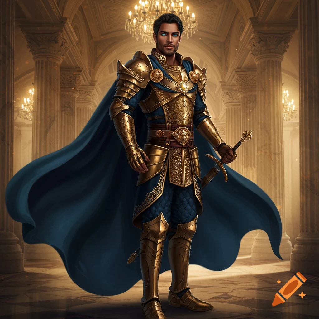 A handsome man in ornate gold and blue fantasy armor with a cape stands in a grand palace hall.