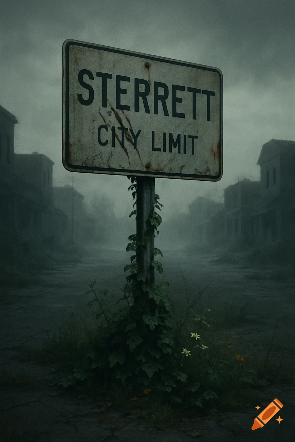 A weathered 'STERRETT CITY LIMIT' sign stands amidst overgrown vegetation on a foggy, desolate street, evoking a post-apocalyptic scene.