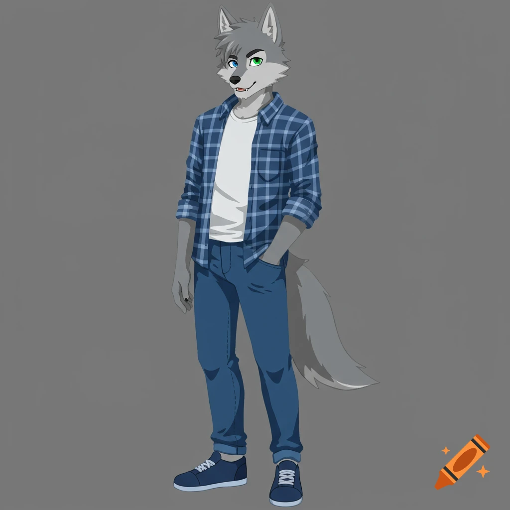 An anime-style male wolf furry with mismatched eyes, wearing a blue plaid shirt, white t-shirt, blue jeans, and blue shoes, standing against a grey background.