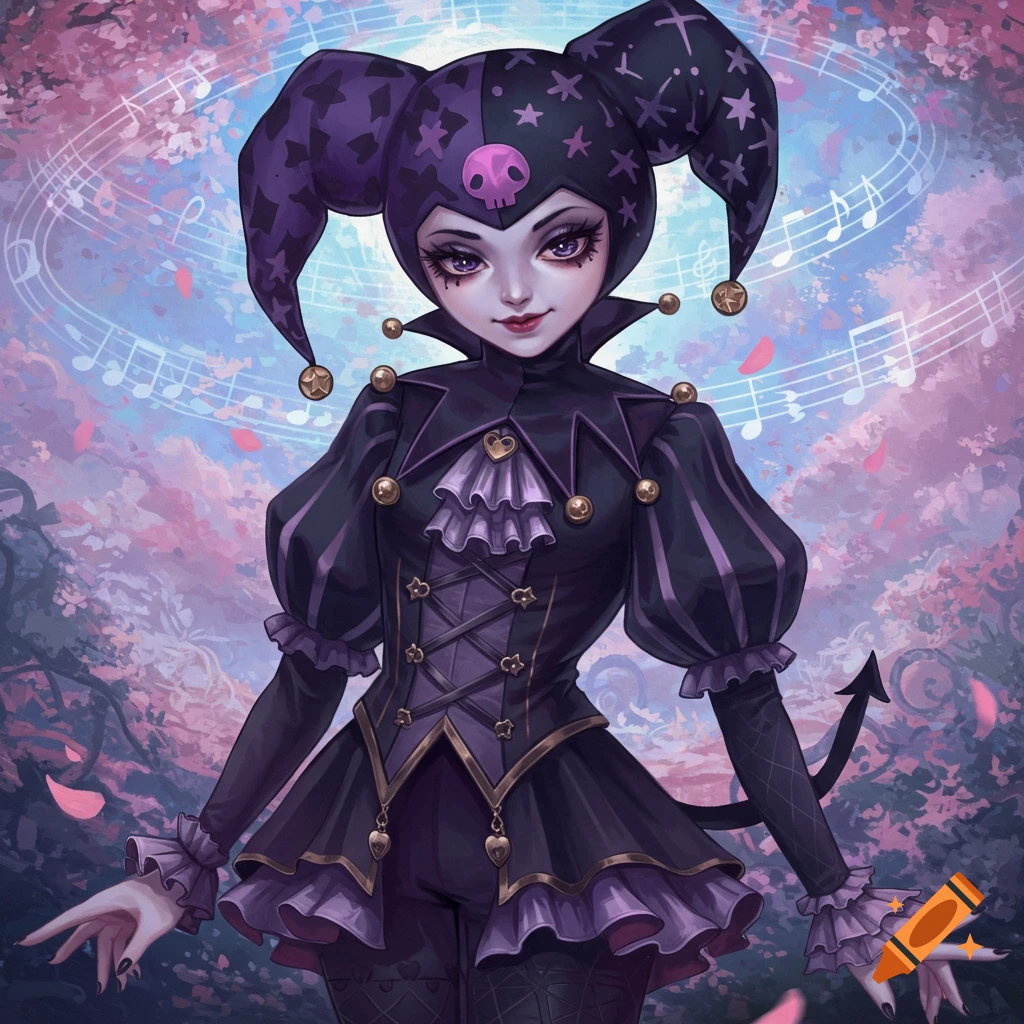 A whimsical character dressed in a purple and black jester outfit with a skull on the cap, surrounded by musical notes and pink blossoms.