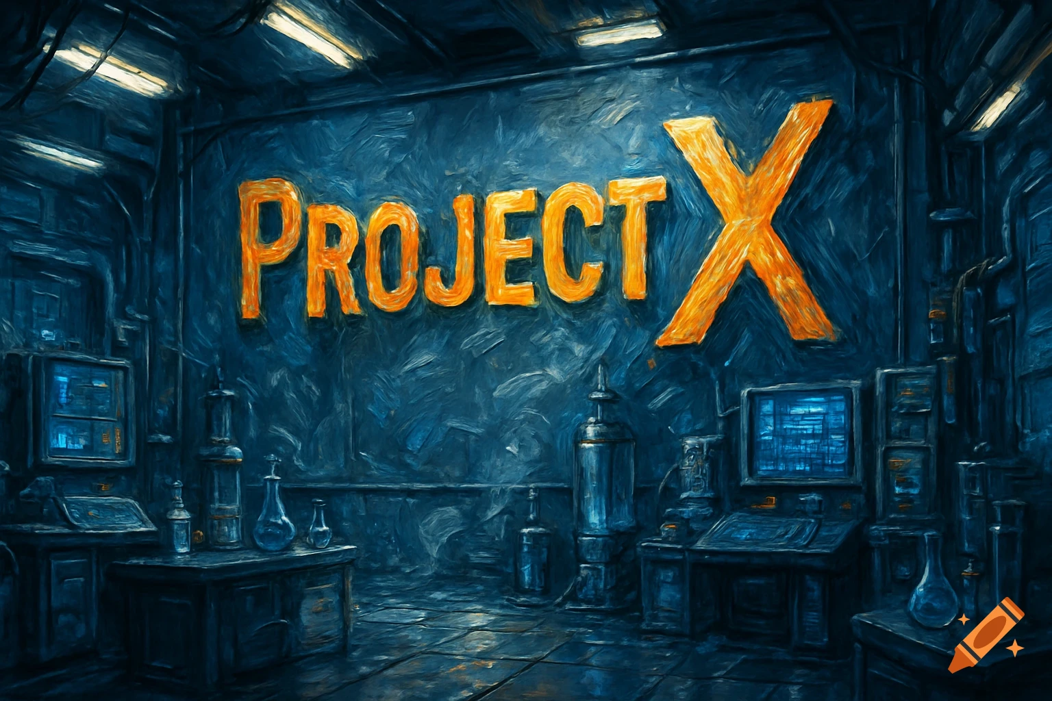 A stylized oil painting of a dark, sci-fi lab room with the words "PROJECT X" in large orange letters on the back wall.