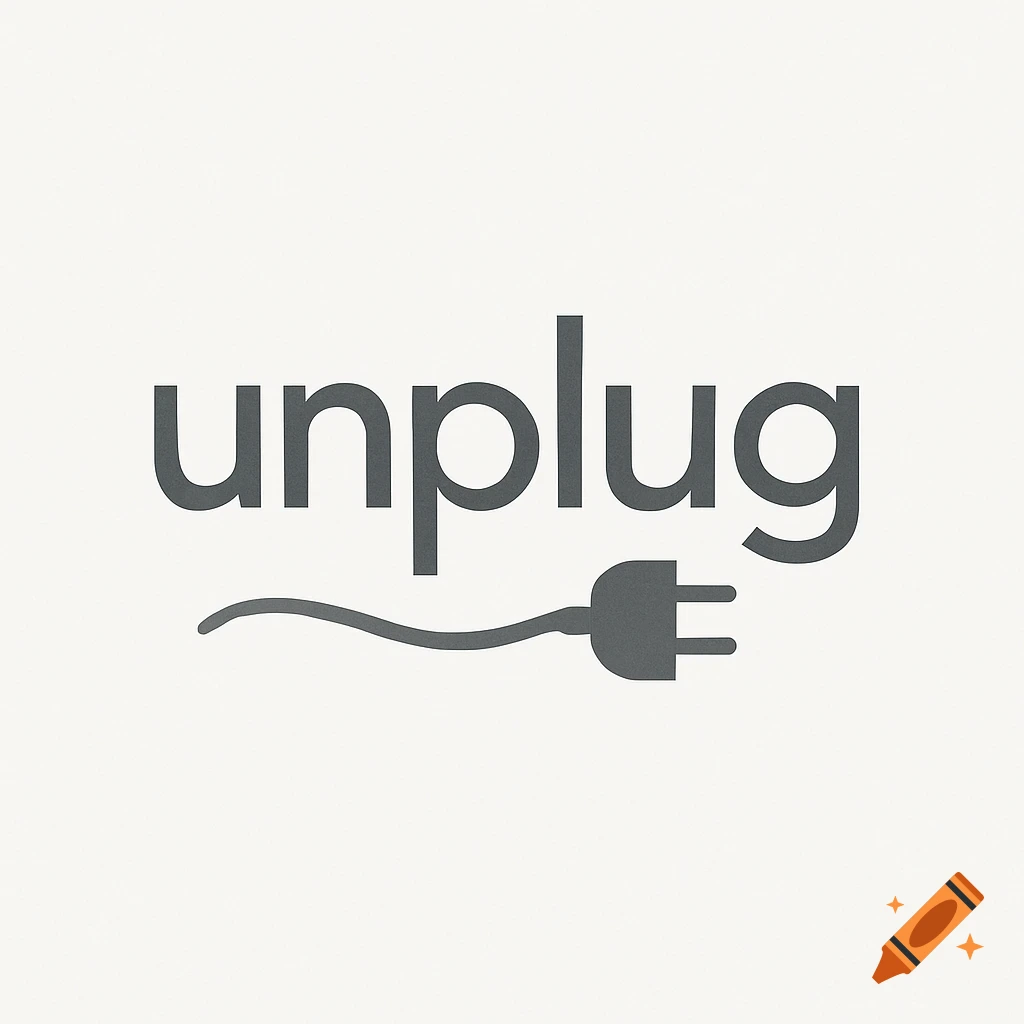 Minimalist grey word art logo with 'unplug' text and an electrical plug icon below it.