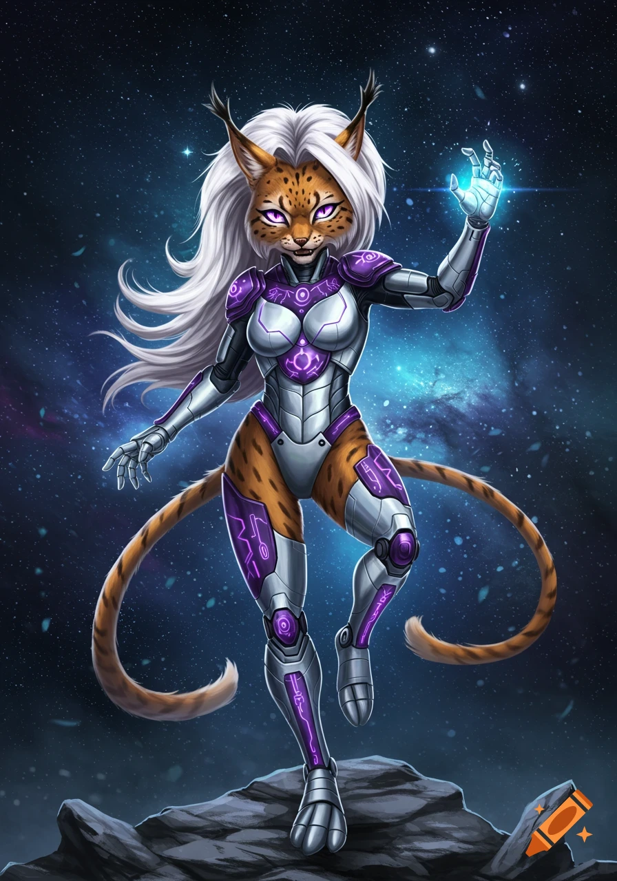 Digital illustration of an anthropomorphic lynx in futuristic purple and silver armor, standing on rocks with a cosmic background, hand glowing blue.
