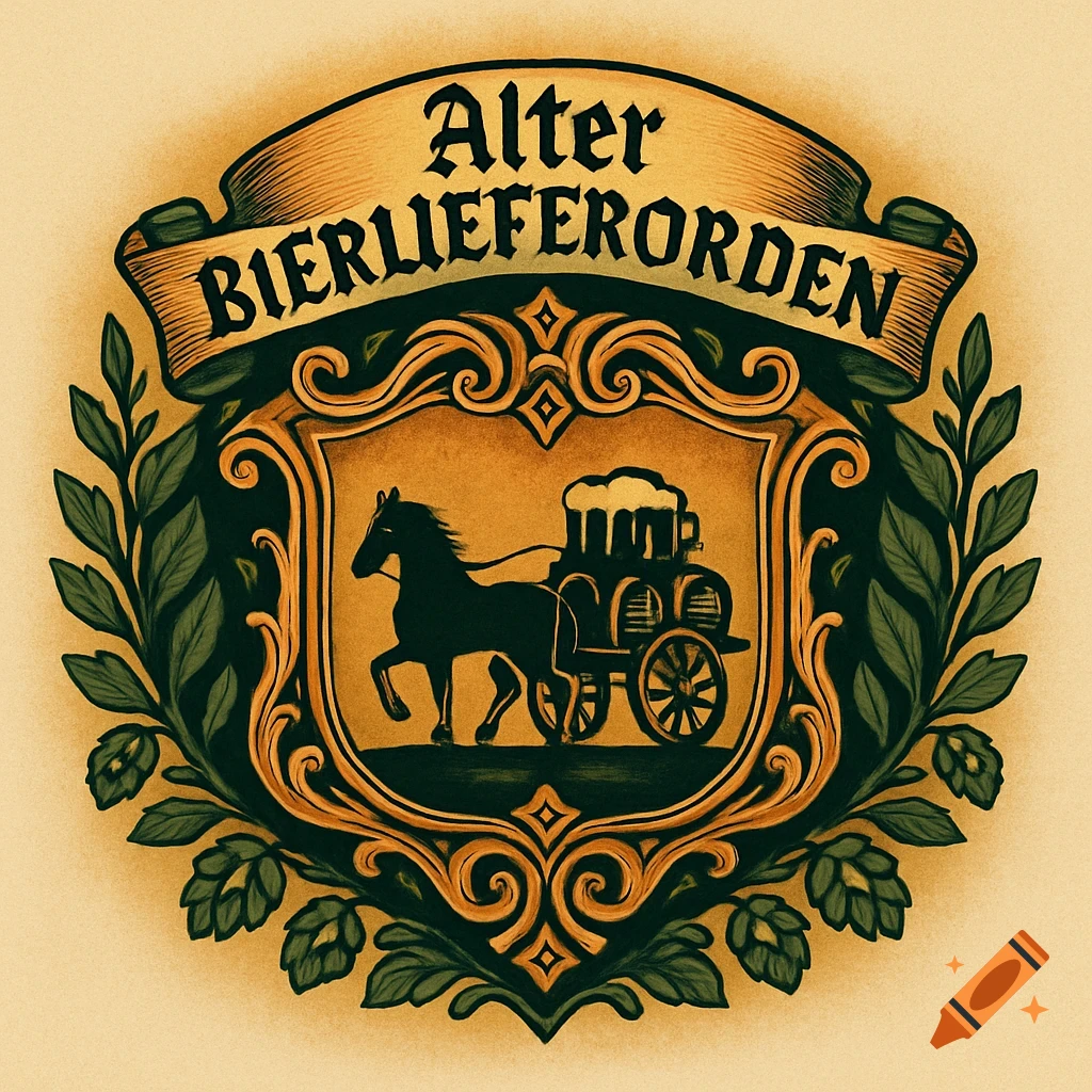 Vintage-style German beer delivery logo with a horse-drawn cart carrying beer barrels, surrounded by a shield and hops.