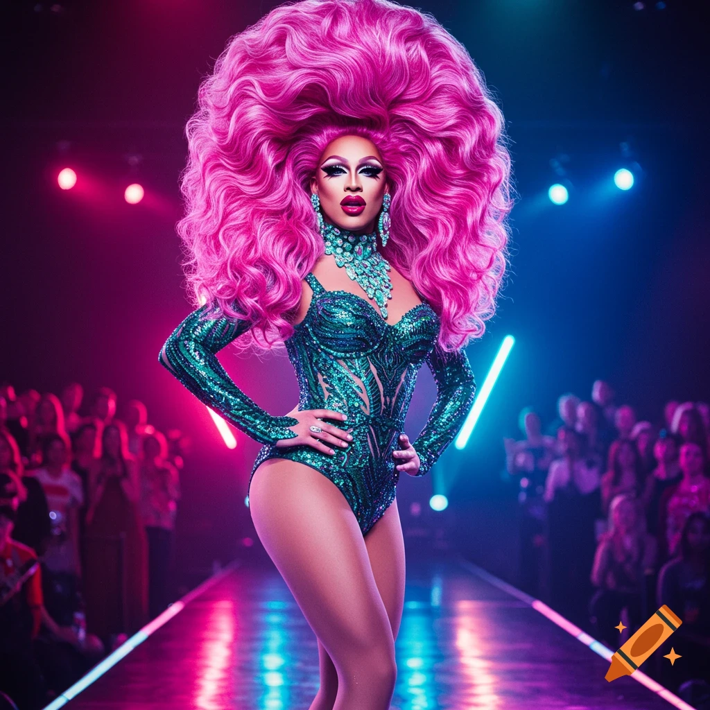A drag queen in a shimmering green sequined leotard, large pink wig, and elaborate jewelry poses on a brightly lit runway.
