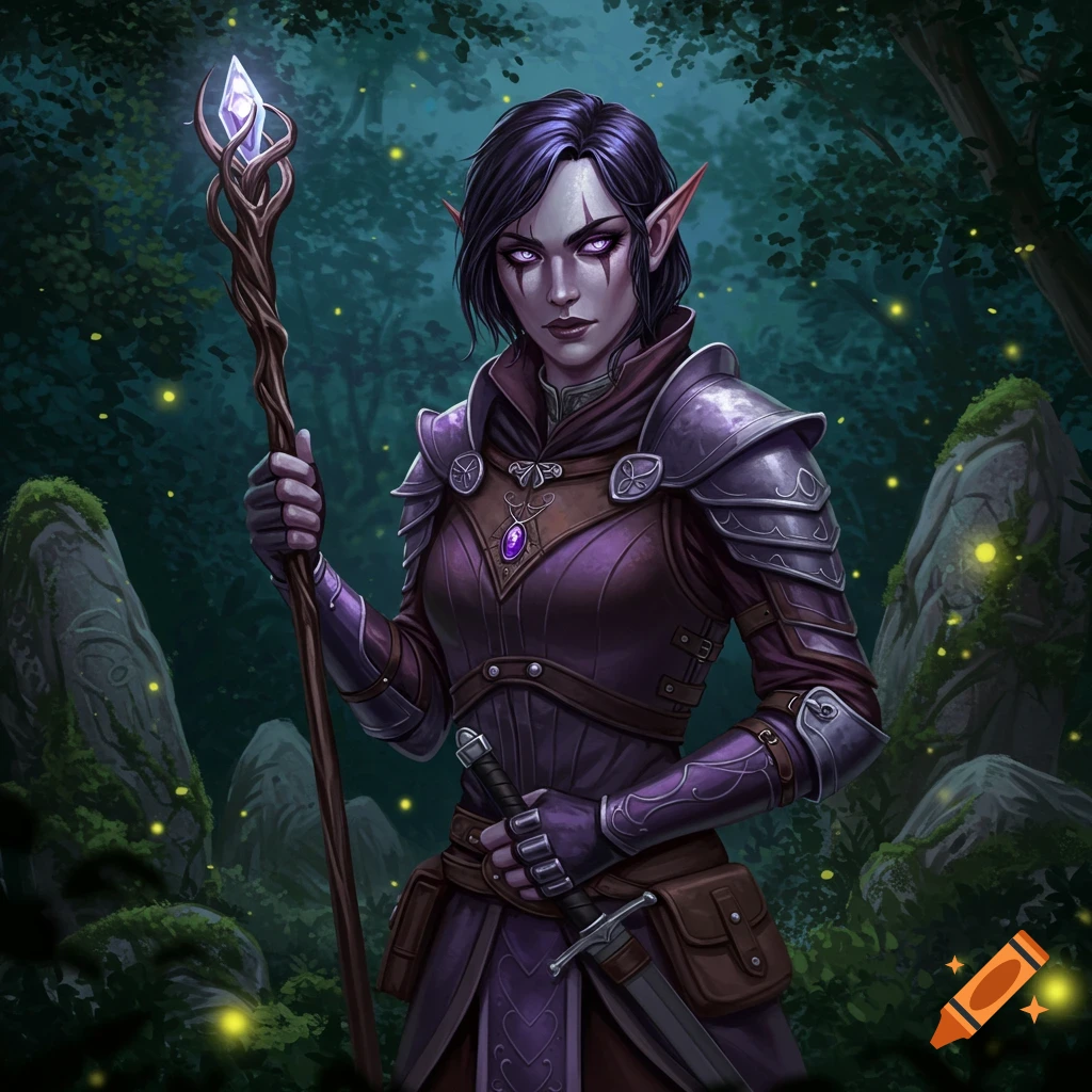 A fantasy female elf with purple eyes and armor holds a glowing staff in a magical forest.