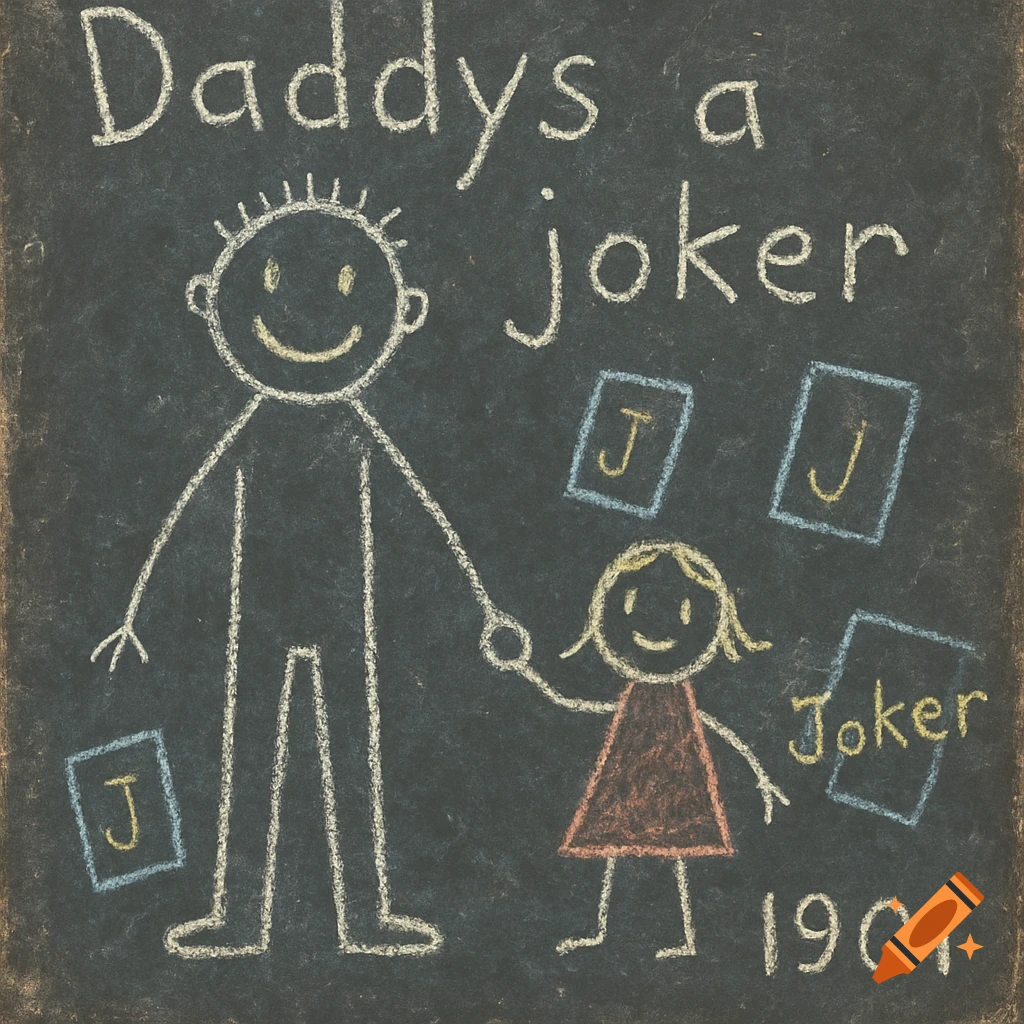 A simple chalk drawing on a dark surface depicts a tall stick-figure father holding hands with a smaller stick-figure daughter. Playing cards with the letter "J" and the word "Joker" are around them. Text at the top reads "Daddys a joker" and "1901" at the bottom.