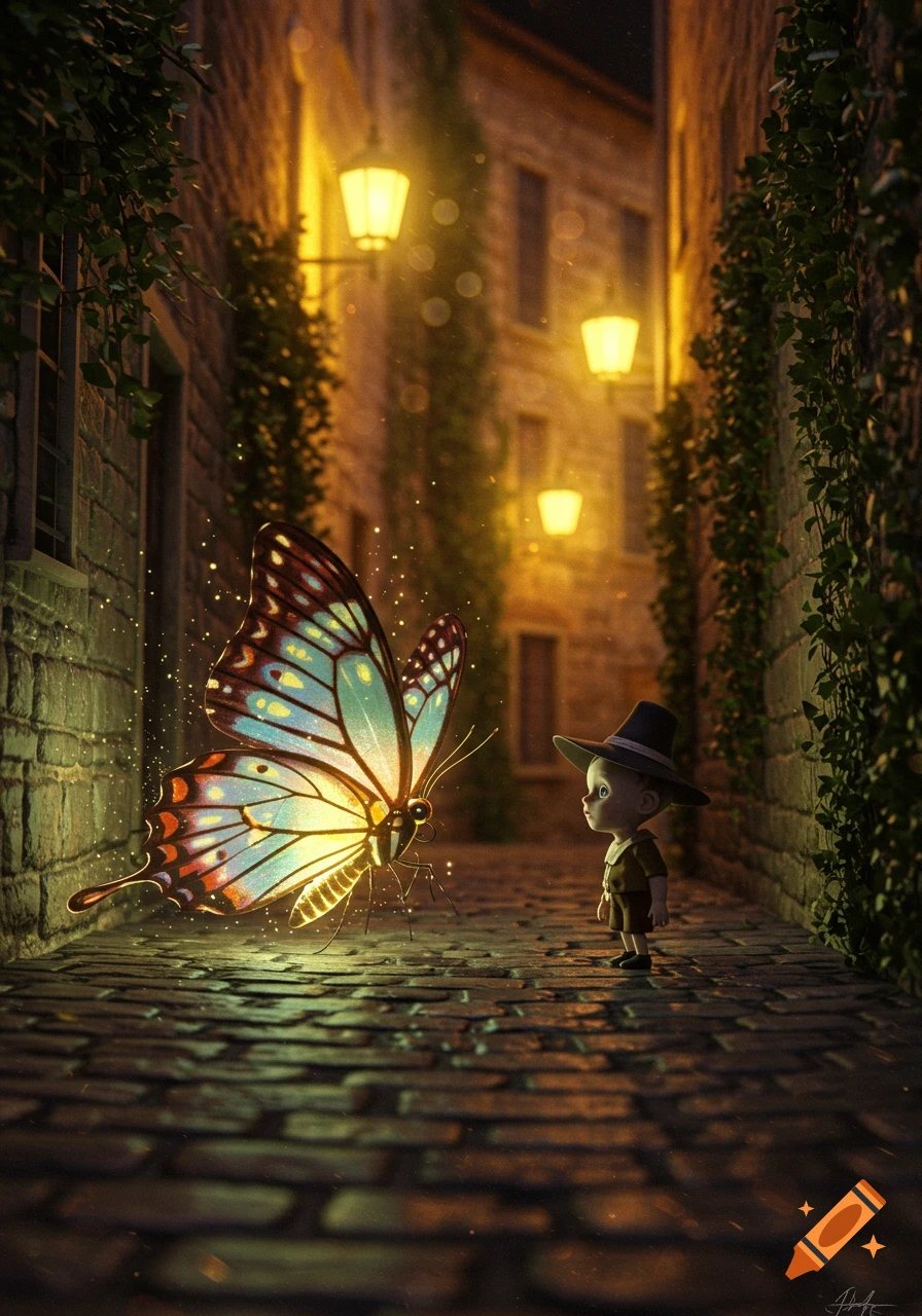 A small, hat-wearing figure looks up at a large, glowing butterfly in a dark, lantern-lit cobblestone alley. Stylized, magical art.