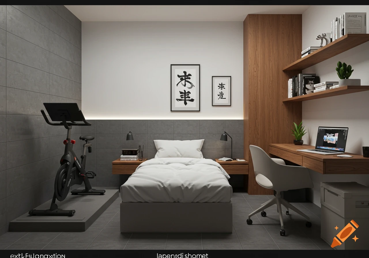 A minimalist Japandi style bedroom featuring a twin bed, a Peloton bike, and a work-from-home office desk with shelves. The room has gray tiled walls and white walls with wood panel accents, and ambient lighting.