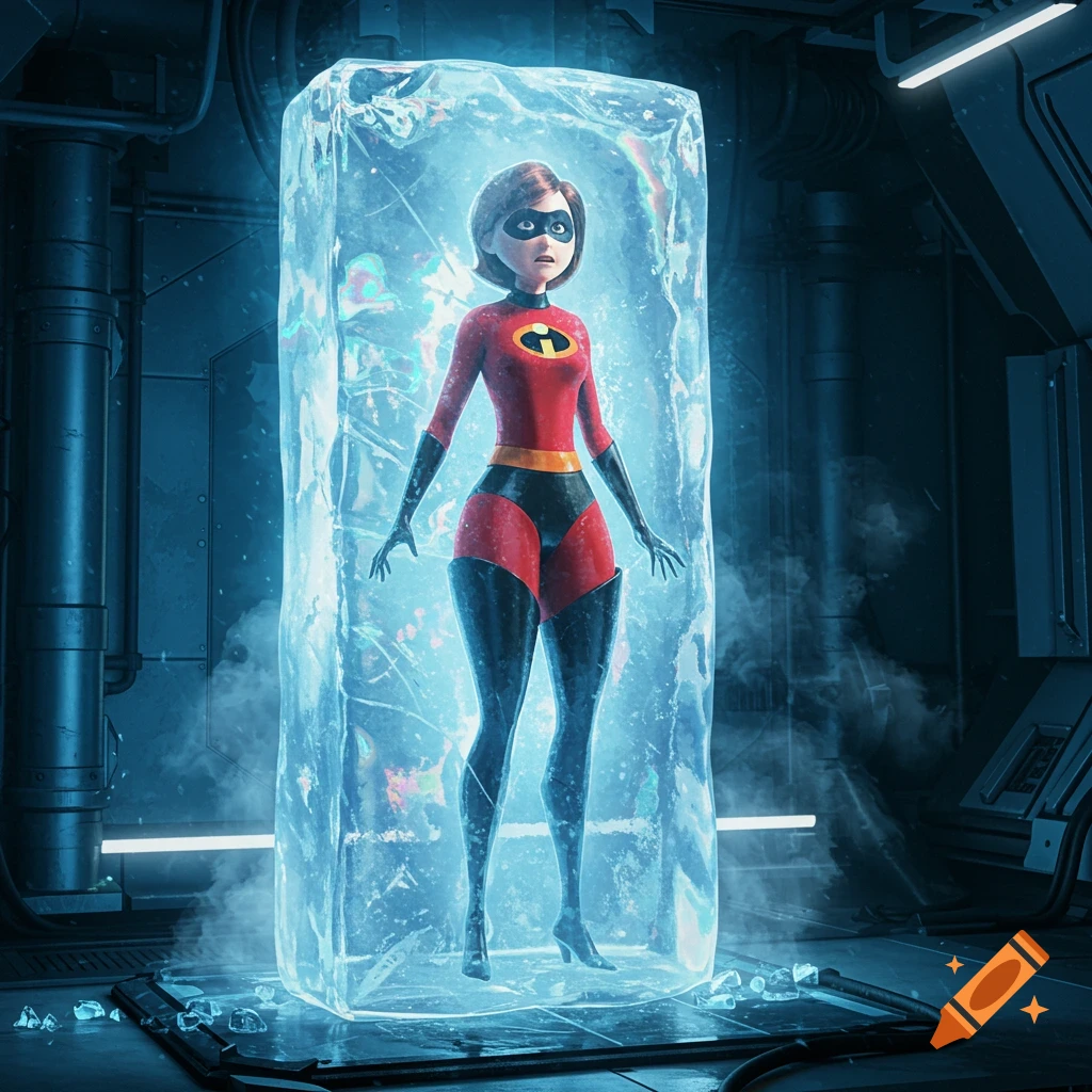 Elastigirl, the animated superhero, is frozen inside a glowing ice block in a dark, metallic sci-fi room.