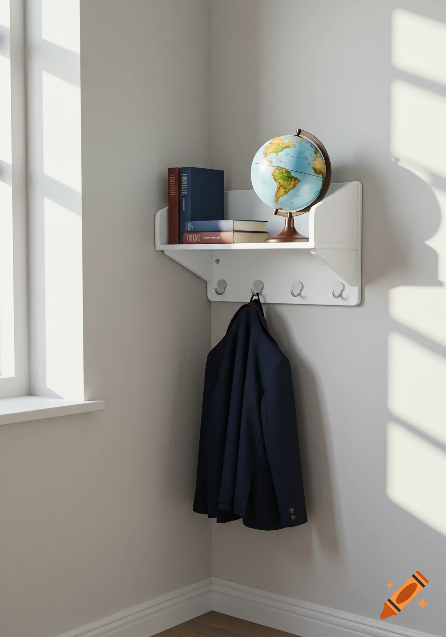 A white shelf with books and a globe in a room corner, with a navy jacket hanging below, next to a window.