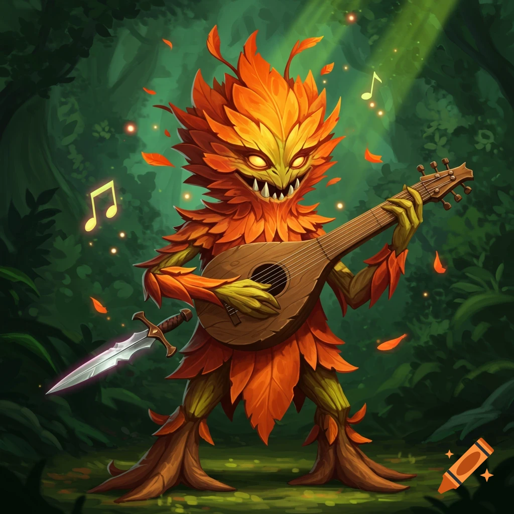 A vibrant orange and green leafy creature with sharp teeth plays a lute and holds a dagger in a dark, magical forest.
