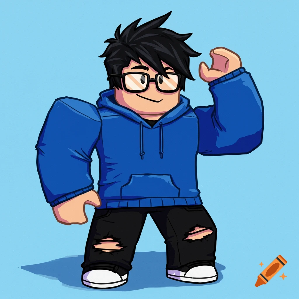 A cartoon Roblox character wearing a blue hoodie, black ripped jeans, and glasses, standing against a baby blue background.
