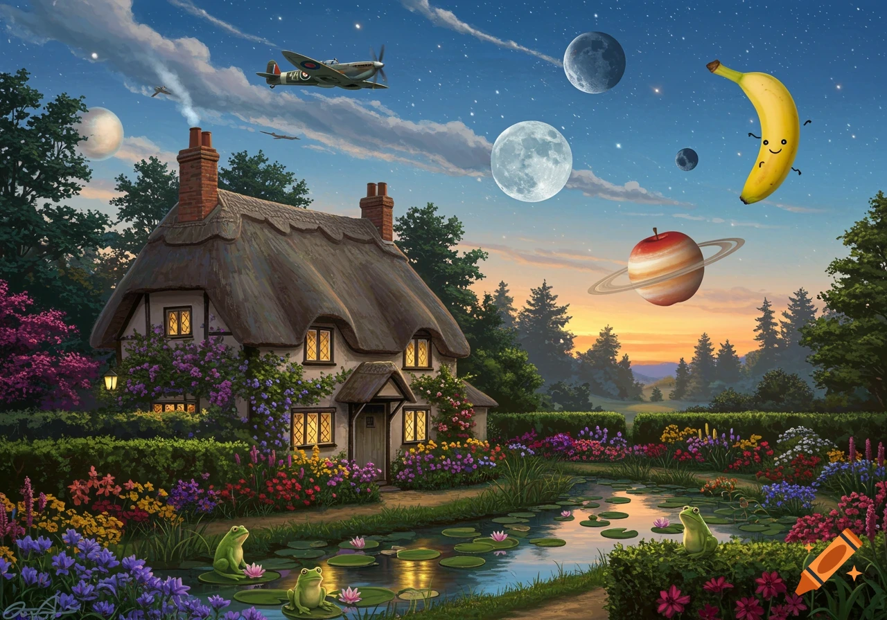 A whimsical painting of a cottage with a thatched roof, a flower garden, and a pond with frogs. In the sky, planes fly near moons, planets, a banana, and an apple with rings.