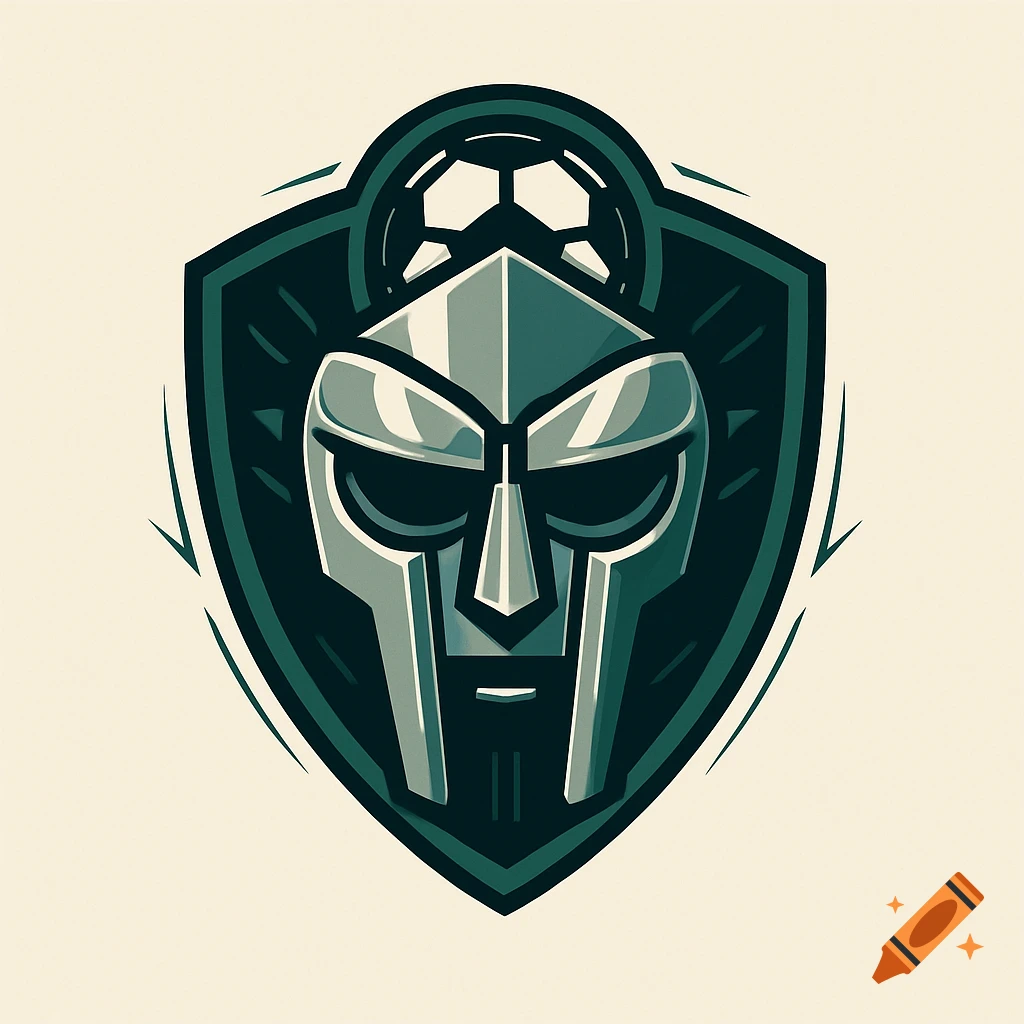 A stylized metallic mask, resembling MF DOOM's, set within a dark green shield emblem with a soccer ball at the top, in a logo style.