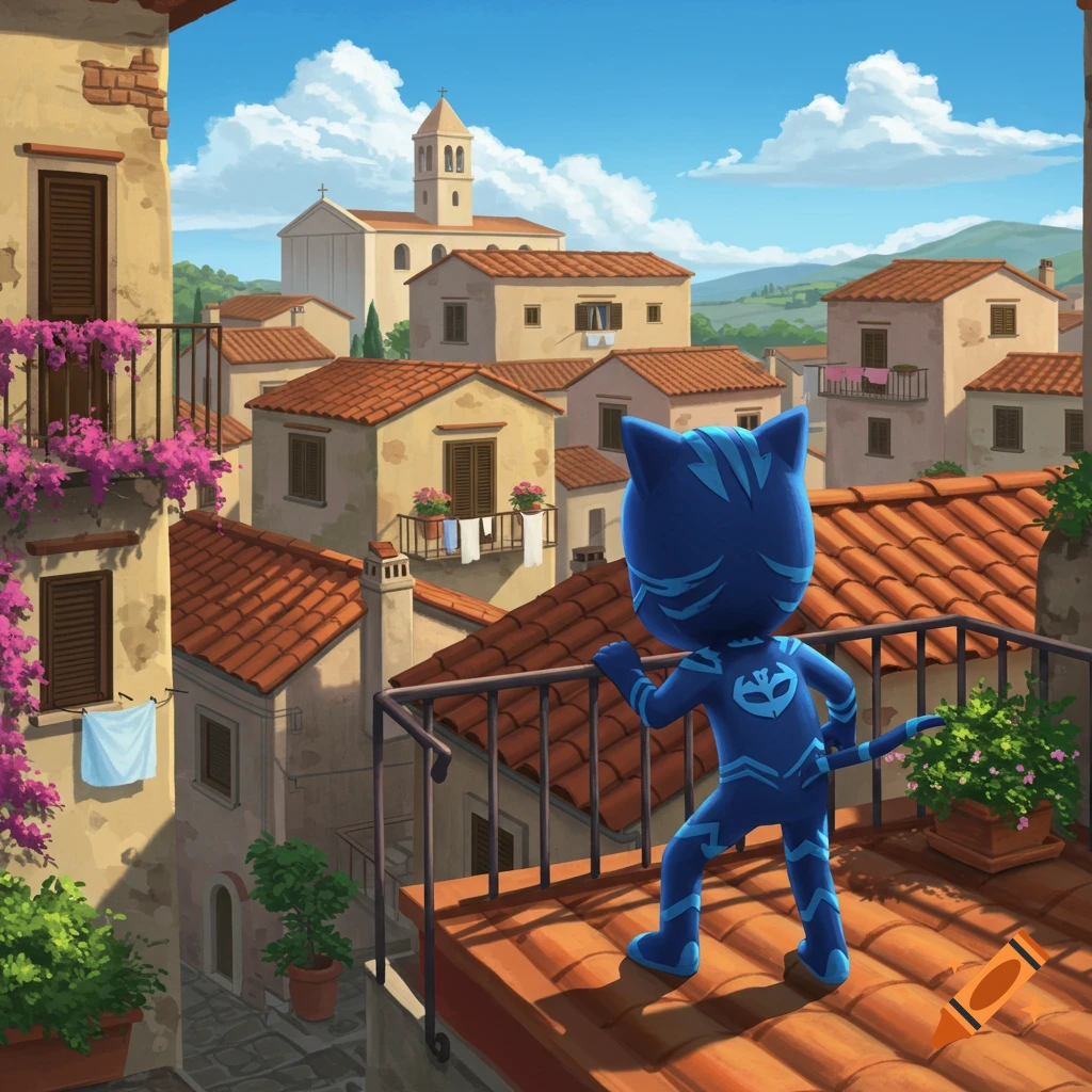 Catboy from PJ Masks stands on a balcony overlooking a sunny Italian town with red-tiled roofs.
