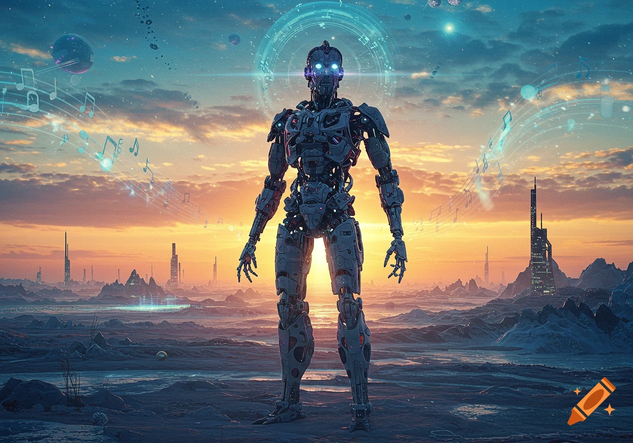 A photorealistic robot with glowing eyes stands in a futuristic alien landscape at sunset, with musical notes floating around it.