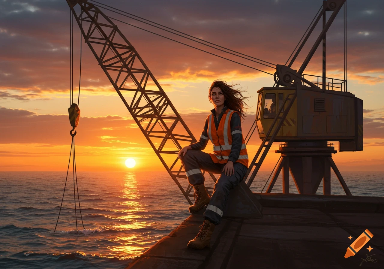 A woman in work attire sits on a large crane overlooking the ocean at sunset, in a photorealistic style.
