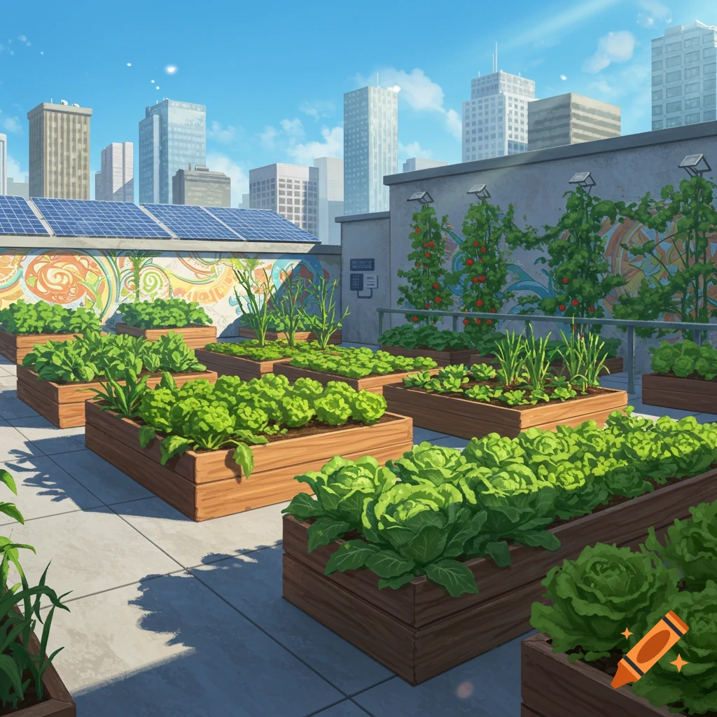 A vibrant rooftop garden filled with various plants in wooden planters, with city buildings and solar panels in the background under a sunny sky.