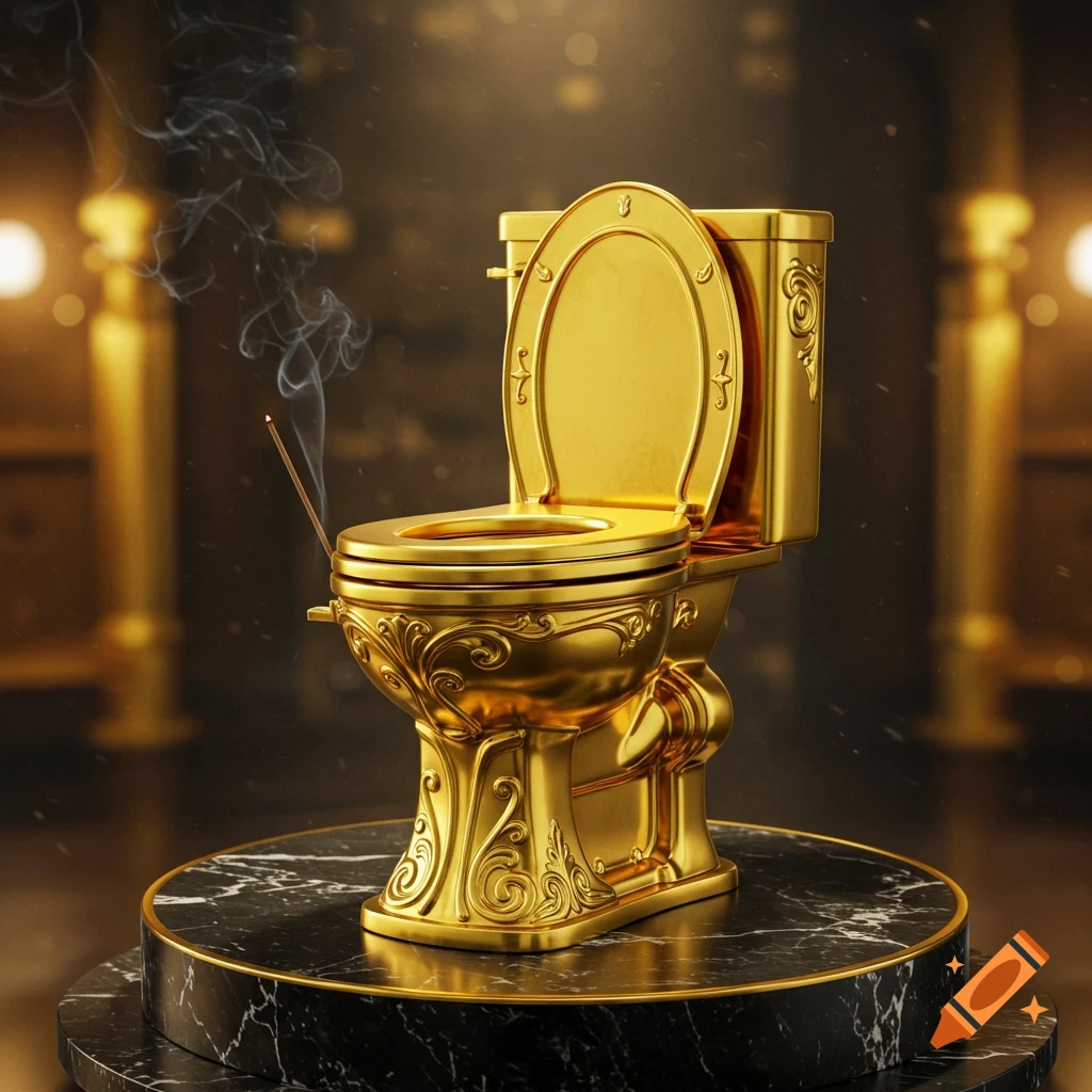 An ornate golden toilet with intricate carvings sits on a black marble pedestal, with an incense stick burning from its side.