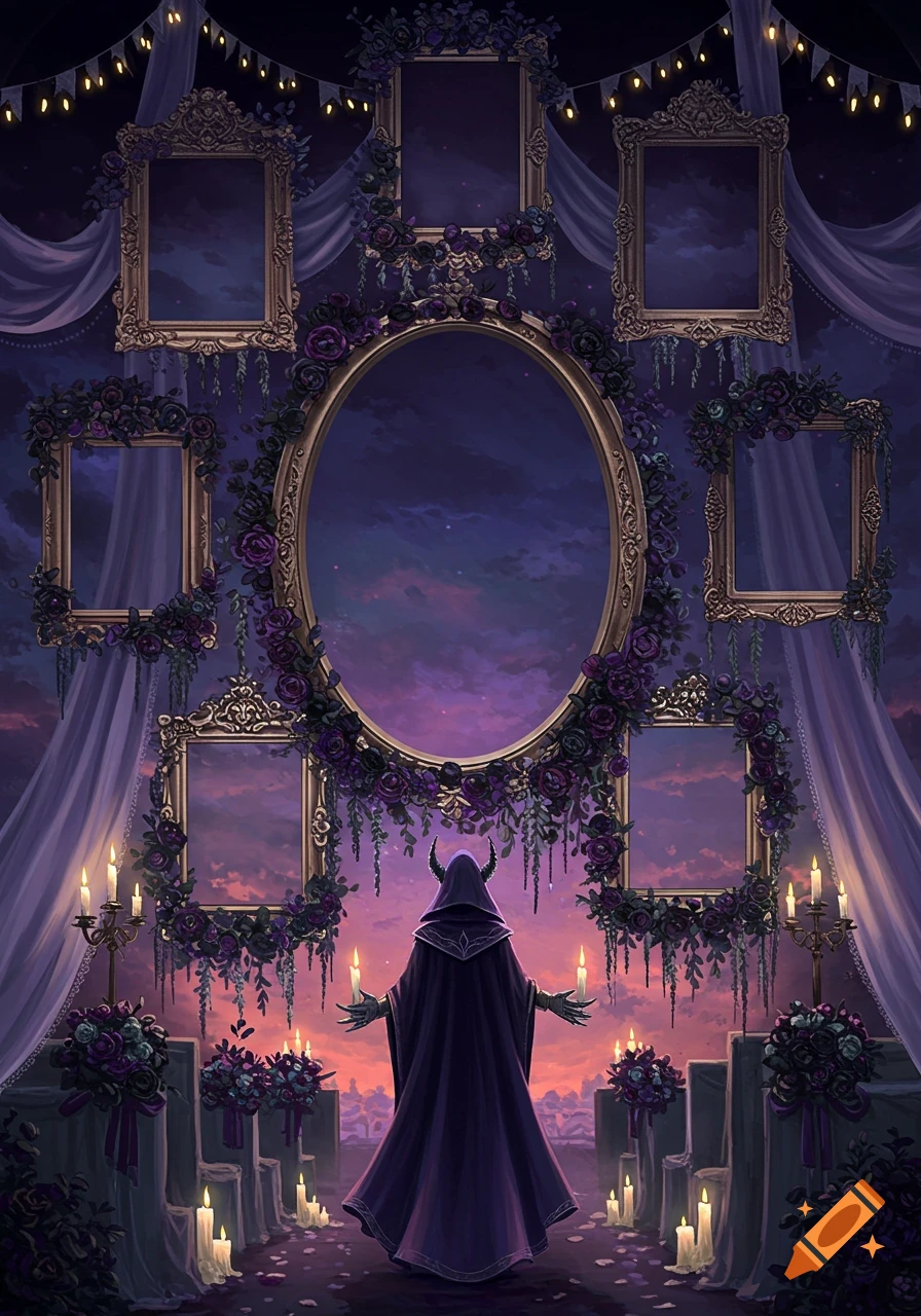 A horned figure in a purple robe stands amidst ornate, empty frames with purple flowers, candles, and drapes under a twilight sky.