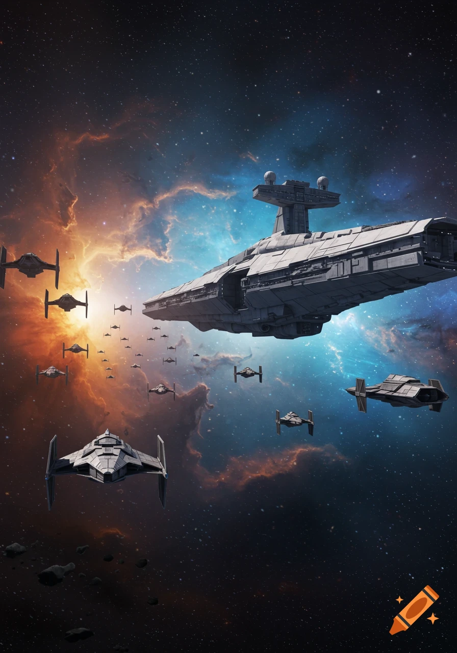 A large space fleet with a capital ship and smaller fighters flies through a vibrant, colorful nebula in deep space.