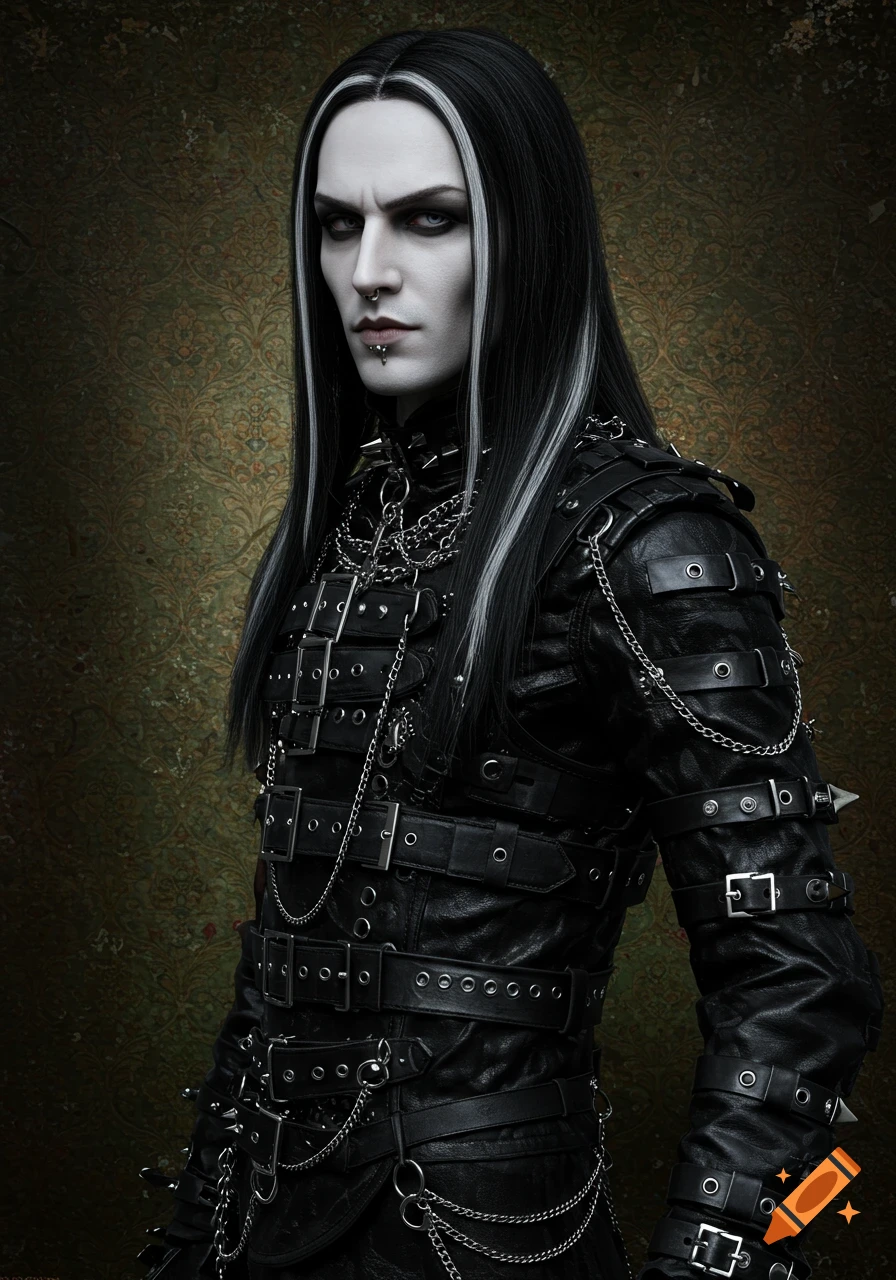 A photorealistic portrait of a gothic man with long black and white hair, pale skin, and piercings, wearing a black leather outfit with buckles and chains.