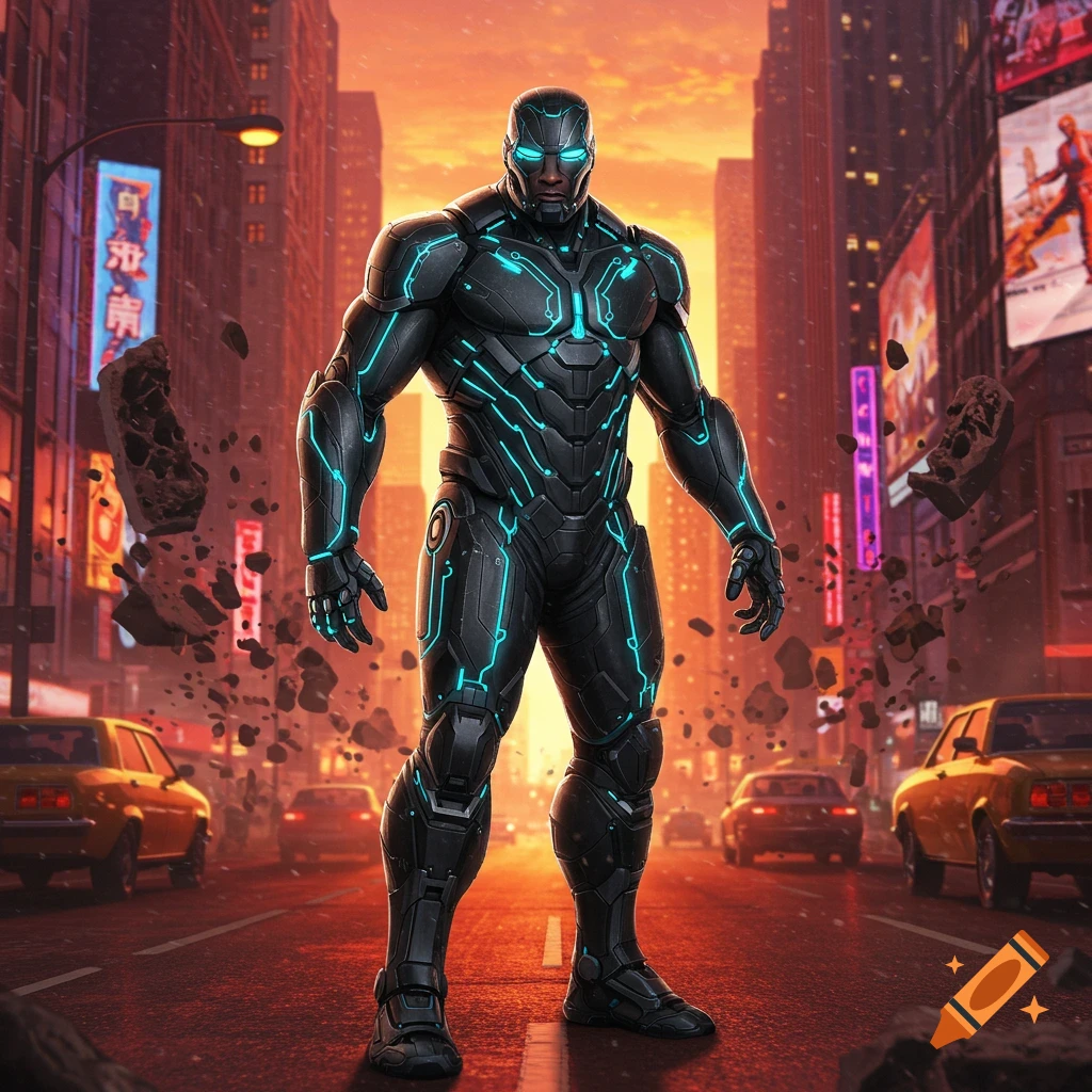 A powerful superhero in a black and blue glowing suit stands in the middle of a city street at sunset with debris floating around.