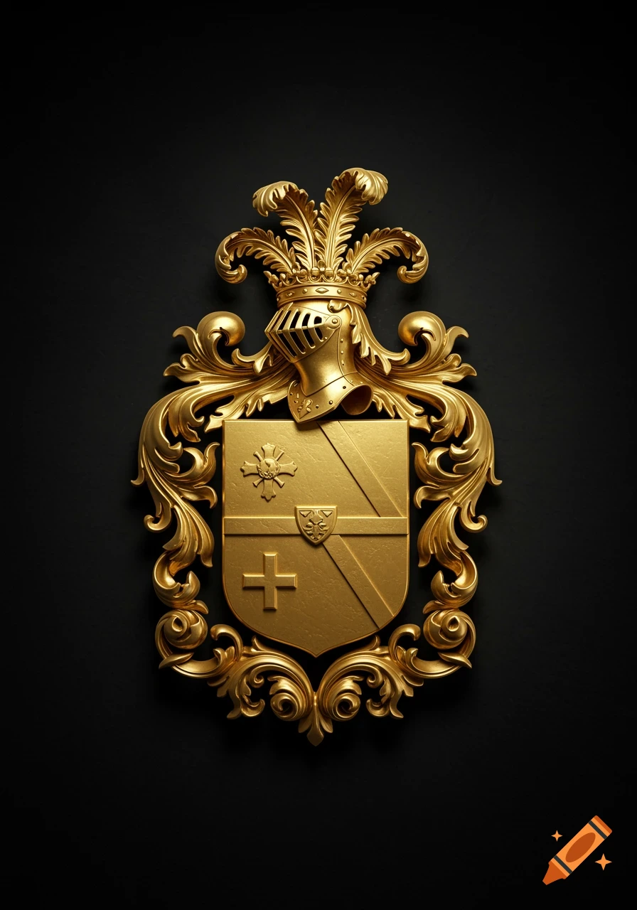 An ornate golden coat of arms featuring a knight's helmet and shield, set against a black background.