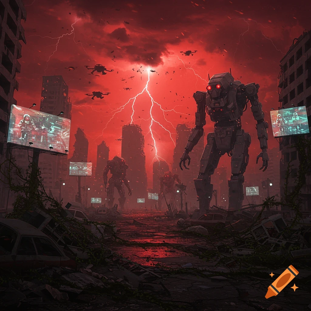 A dark, apocalyptic cityscape bathed in red light under a lightning storm. Giant robots and drones patrol the ruins of buildings and overturned vehicles.