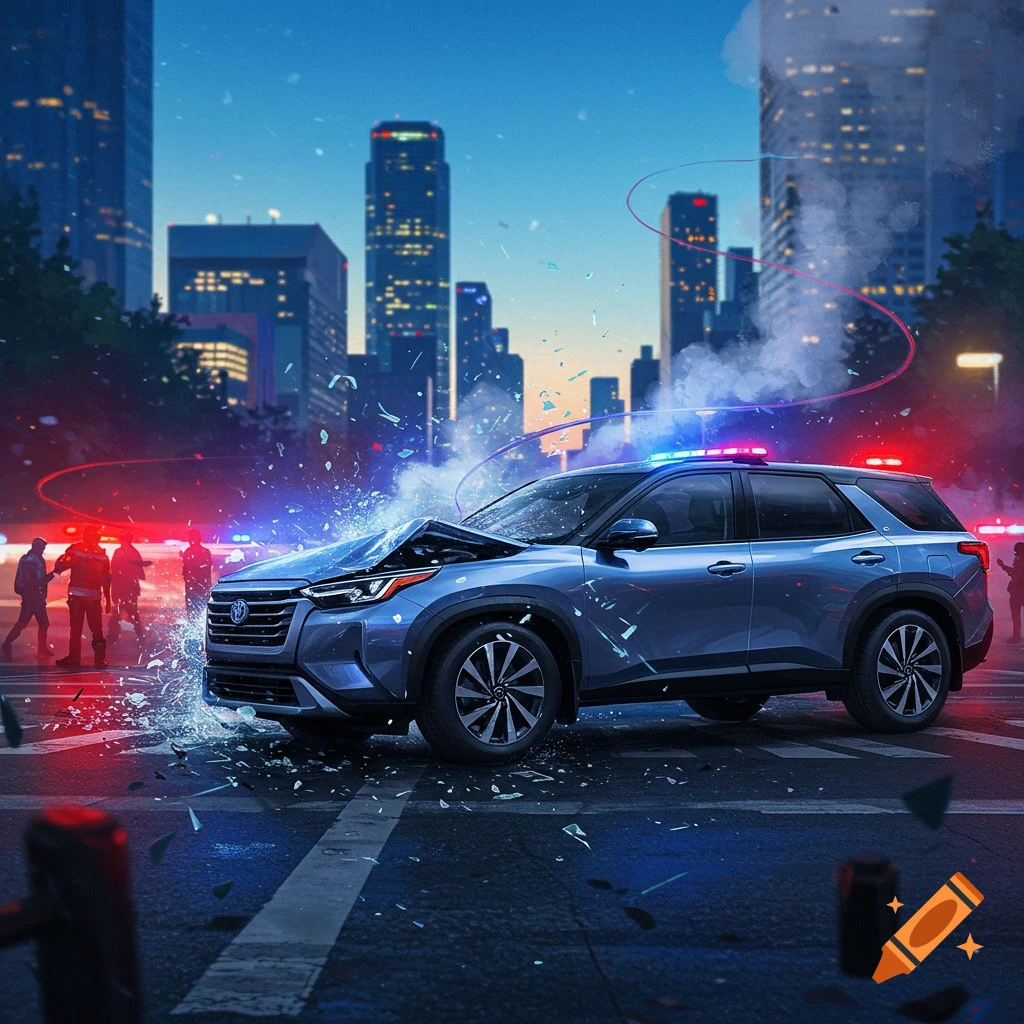 A dramatic photorealistic scene of a car accident at night in a city, with a damaged blue SUV and shattered glass illuminated by red and blue police lights.
