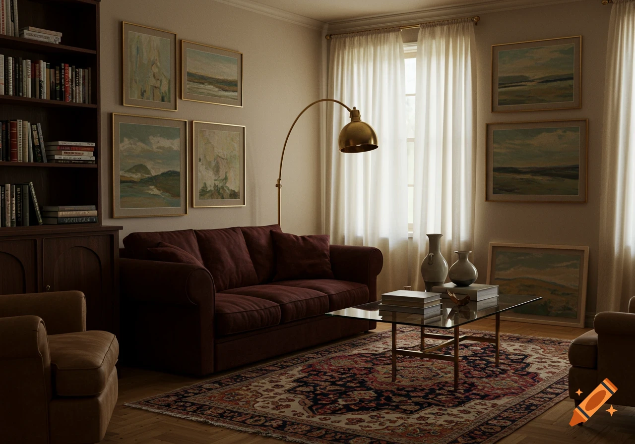 A cozy living room with a maroon sofa, glass coffee table, ornate rug, bookshelf, and framed paintings, illuminated by window light.