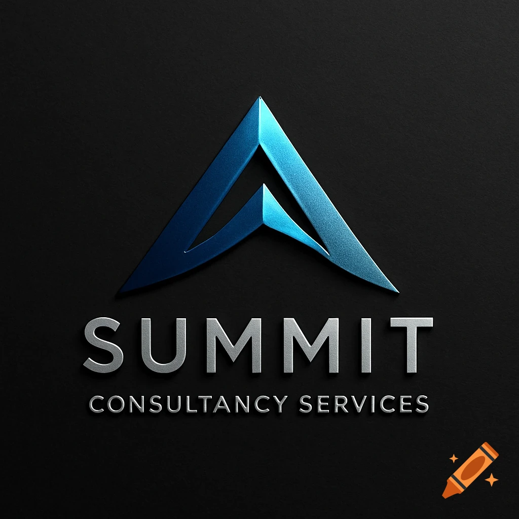 Abstract blue and silver letter A logo above silver text "SUMMIT CONSULTANCY SERVICES" on a dark textured background.