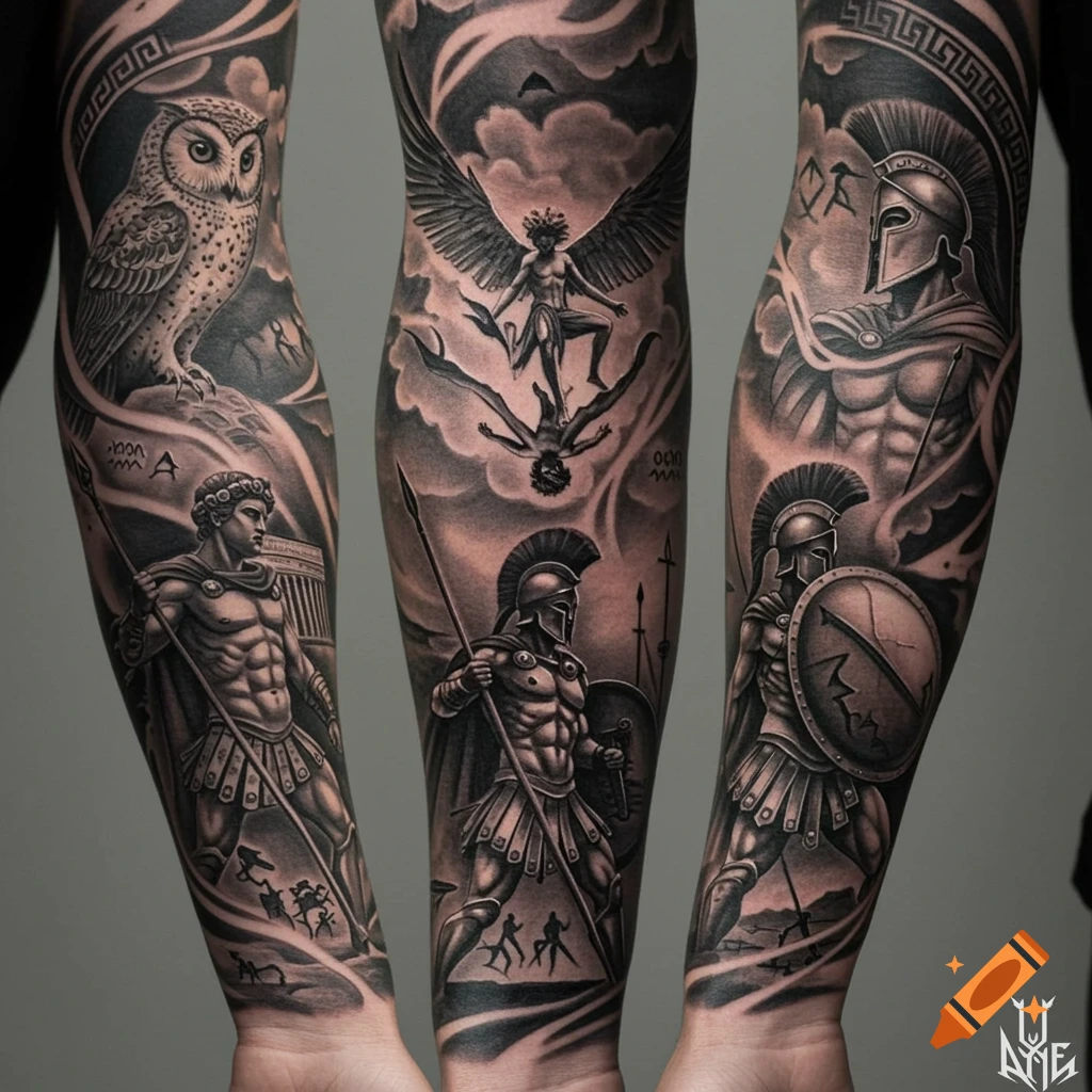 Sleeve Tattoo of Egyptian Pyramid Builders created on Craiyon, image size:1024x1024