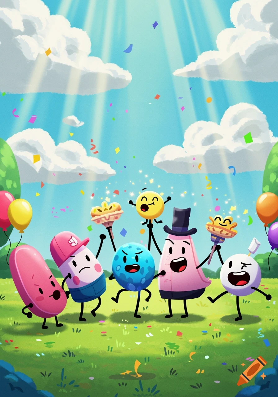A group of colorful cartoon characters with various shapes like a pill, a sphere, and a pyramid, celebrate outdoors with confetti and balloons falling from a bright blue sky with white clouds.