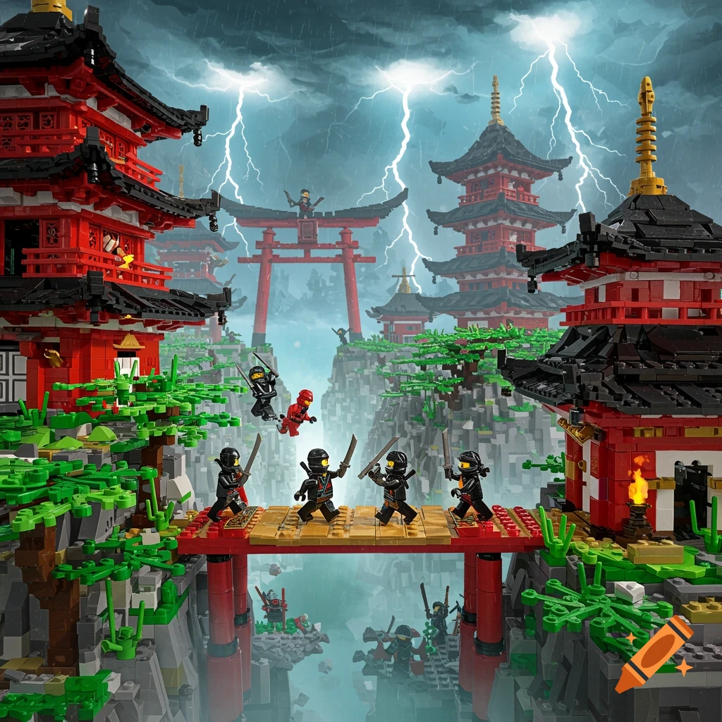 Lego ninja minifigures battling on a bridge between Japanese-style temples under a stormy sky with lightning.