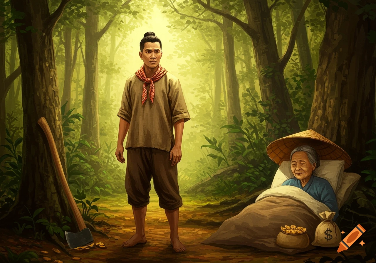 A man in traditional attire stands in a lush green forest, an axe nearby. His elderly mother rests peacefully with bags of gold next to her.