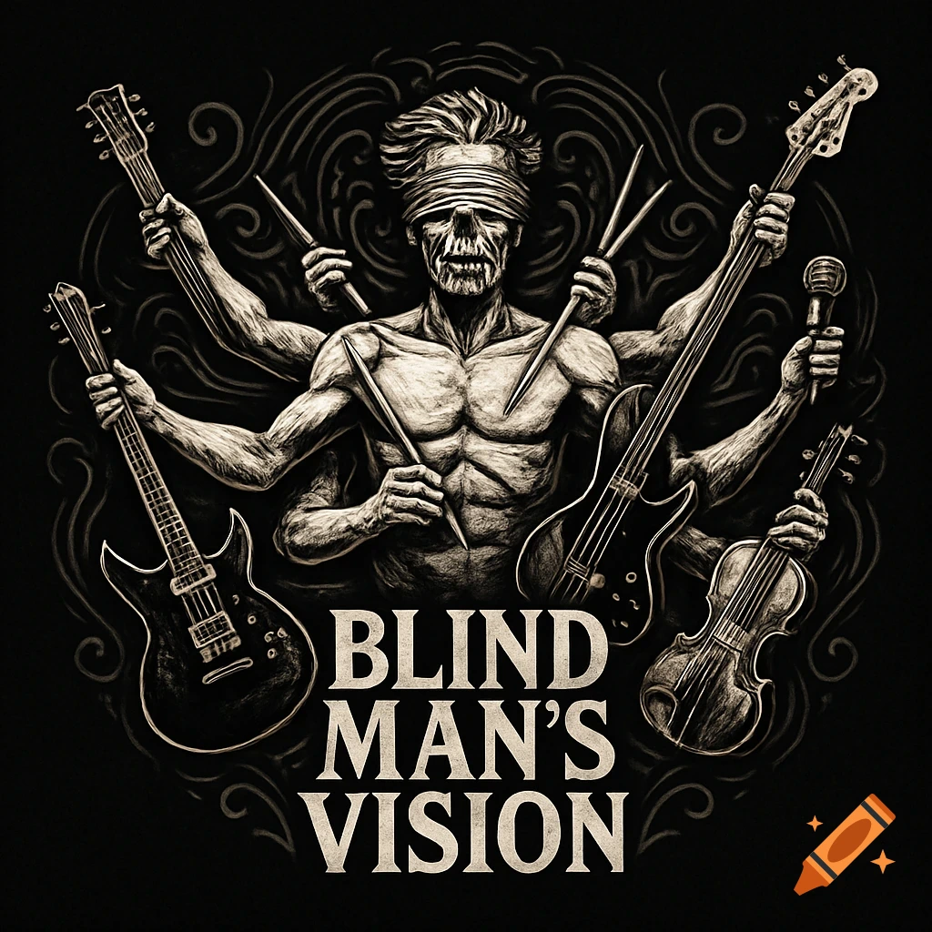 A dark illustration of a blindfolded, skeletal man with multiple arms holding musical instruments, with the text 'BLIND MAN'S VISION' below.