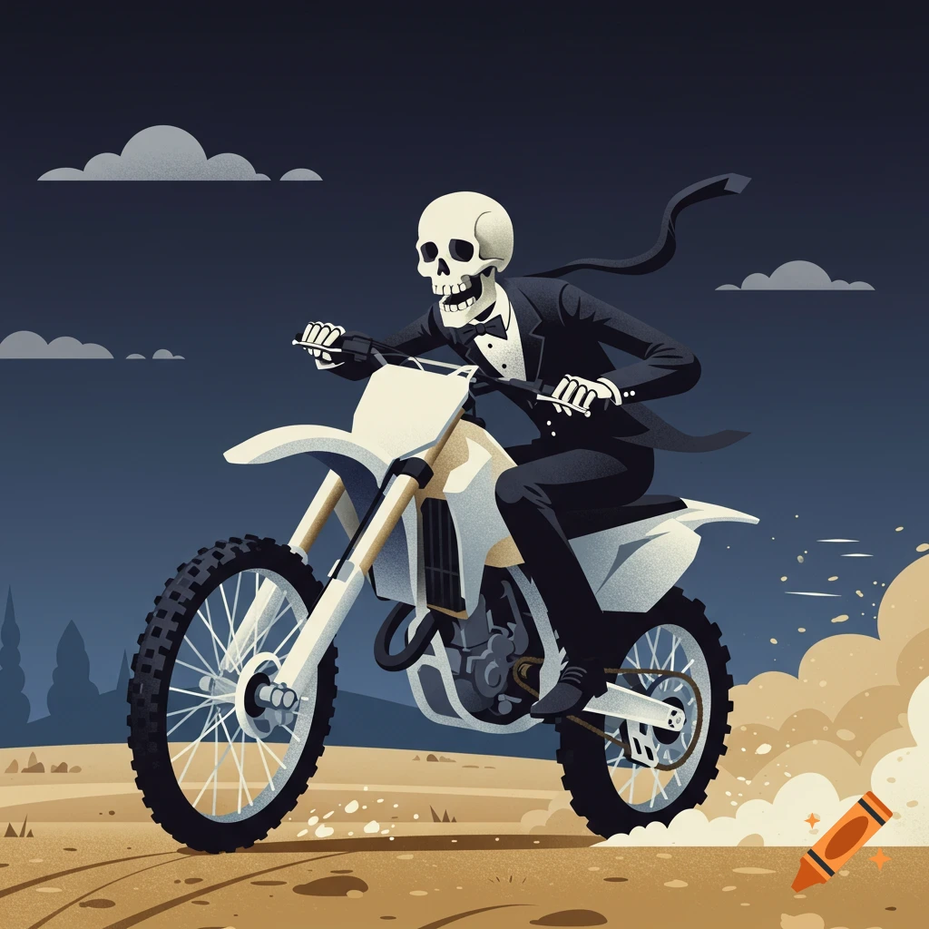 A stylized illustration of a skeleton in a suit riding a white dirt bike through dusty terrain under a dark sky.