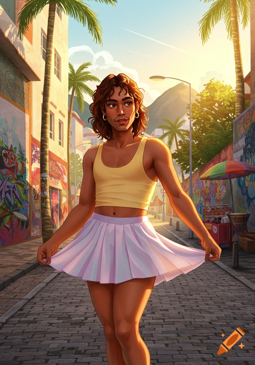 A person in a yellow tank top and light purple pleated miniskirt stands on a sunny street with palm trees and graffiti-covered buildings.