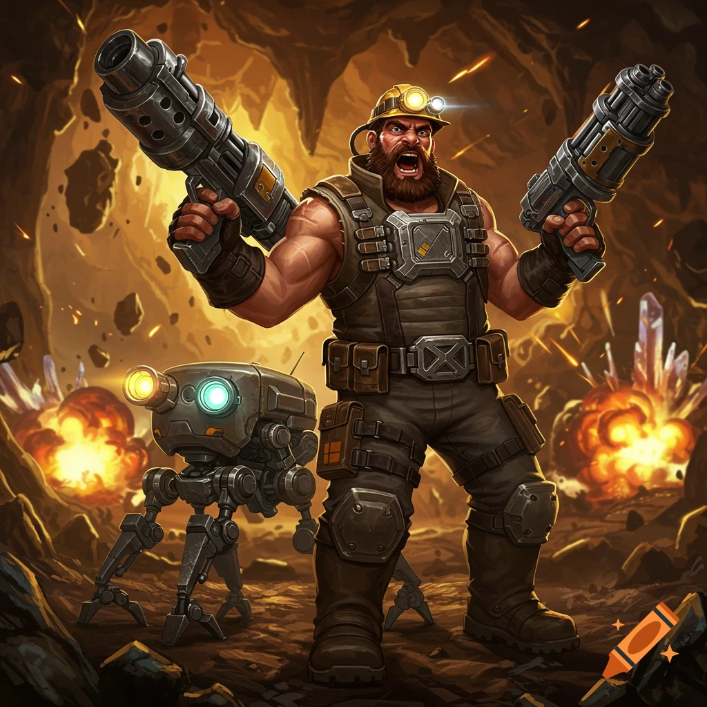 A stylized miner-soldier with a beard and helmet holds two large guns, shouting in an exploding golden cave with a robot.