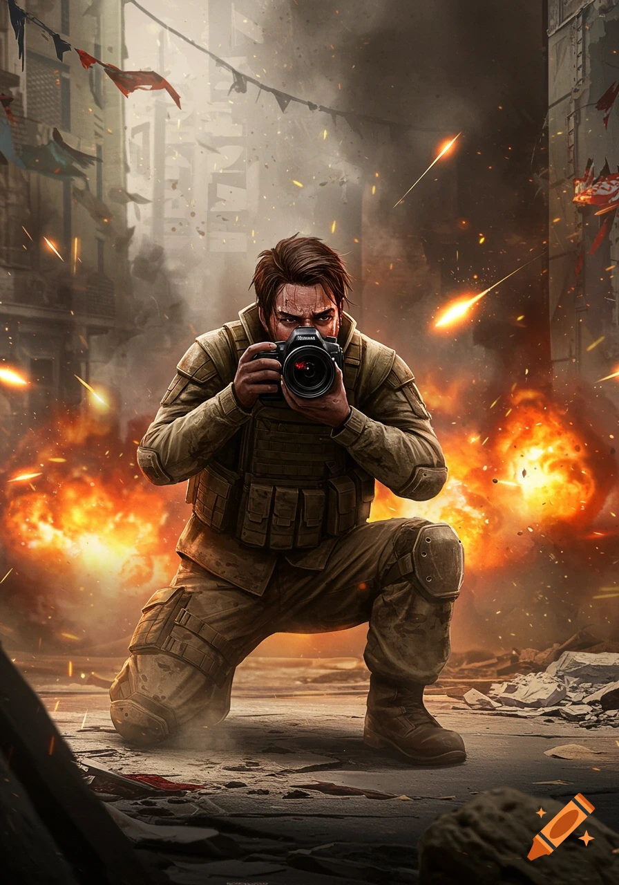 A combat photographer in military gear kneels, holding a camera amidst explosions and gunfire in a war-torn city.