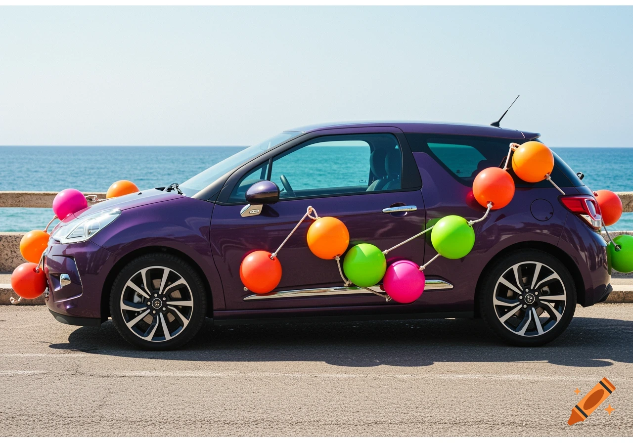 A purple Citroen DS3 car decorated with colorful orange, green, and pink buoys, parked by the sea on a sunny day.
