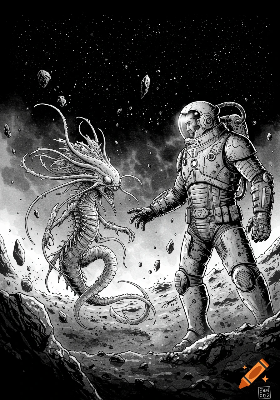 Black and white drawing of an astronaut encountering a multi-limbed alien on an asteroid-filled planet surface.