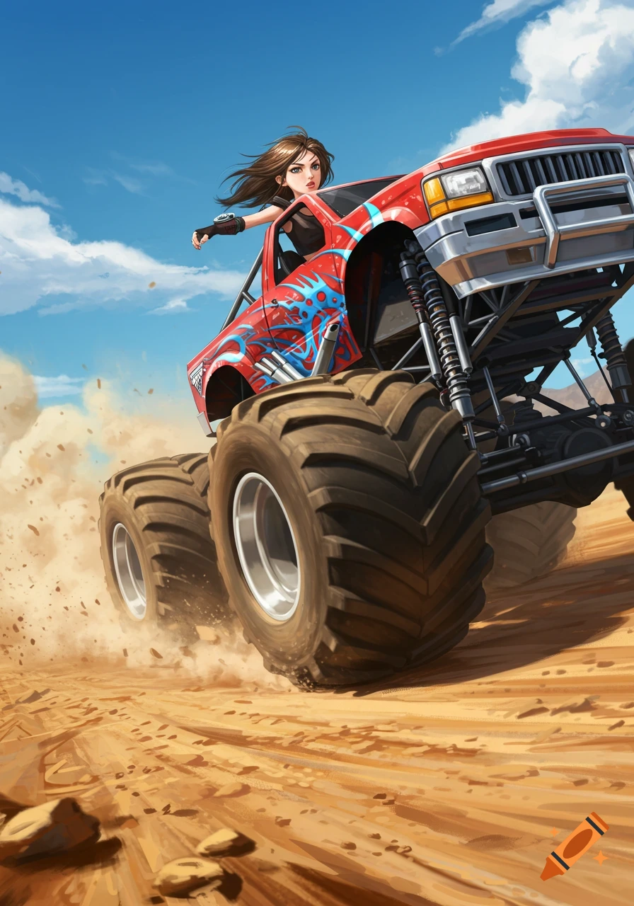 Girl driving a red monster truck through a dusty desert landscape with a blue sky, action illustration.