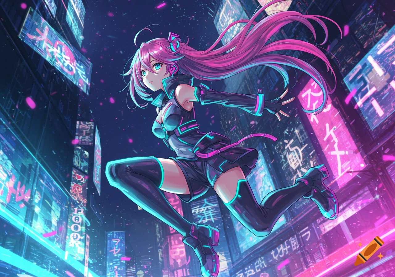 Anime girl with pink hair and blue eyes in a dynamic pose, set against a neon-lit cyberpunk city background.